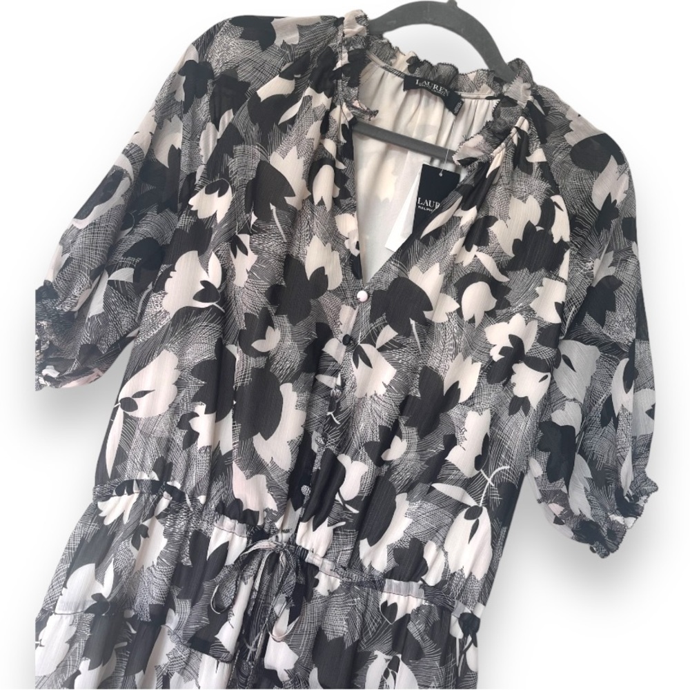 Lauren Ralph Lauren Black/White Floral Chiffon Ruffle knee length dress NWT - Picture 8 of 8